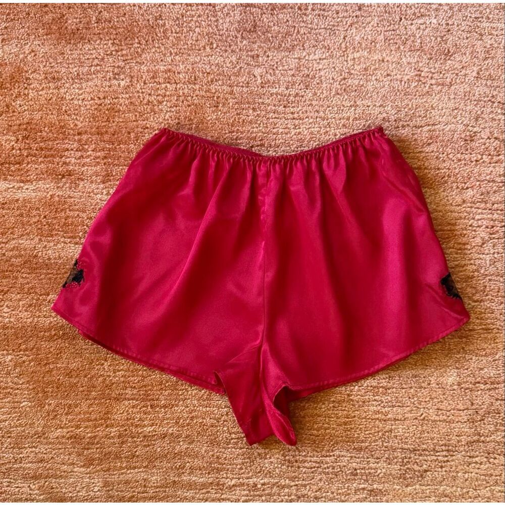 Red Satin Sleep Shorts Heart Embroidery Lingerie Size S